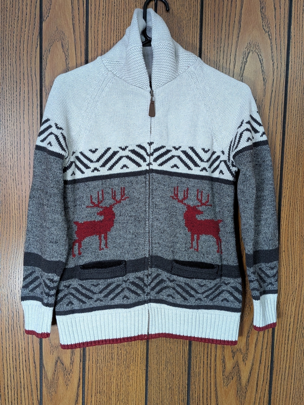 Women's M Shawl-Collar Zip Sweater Red Deer Motif - Gray & Cream Wind River